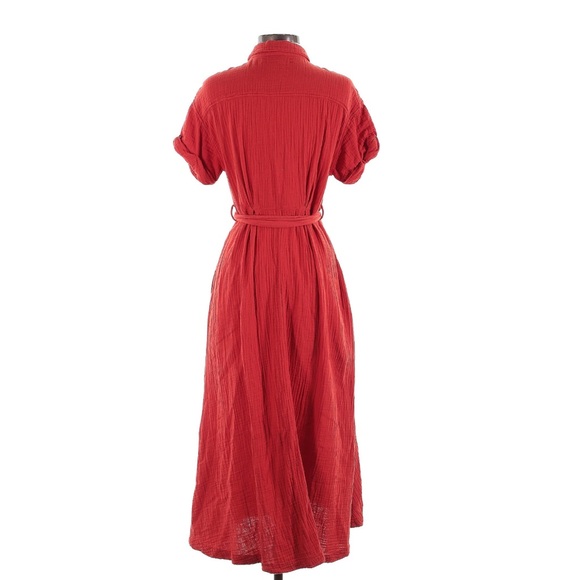 XiRENA Caylin Dress Cotton Gauze Muslin Button Down Midi Cherry Red Pockets XS - Picture 3 of 9
